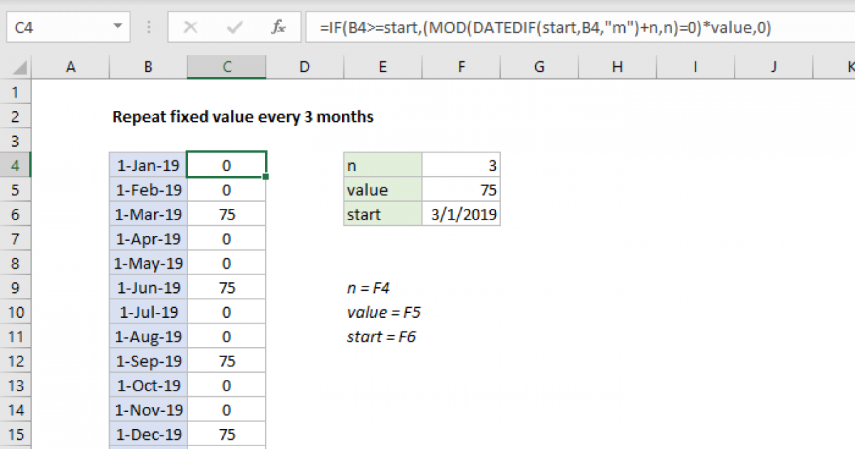 Repeat Fixed Value Every Months Excel Formula Exceljet